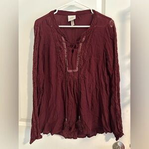 Knox Rose Maroon Boho Blouse with Tassels